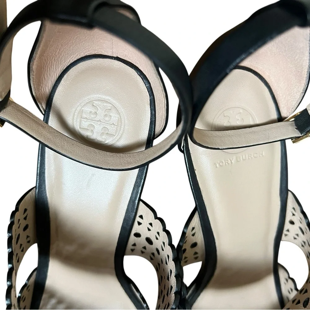 Tory Burch Black Leather Perforated Gladiator Wedge Sandals Size 11 Excellent